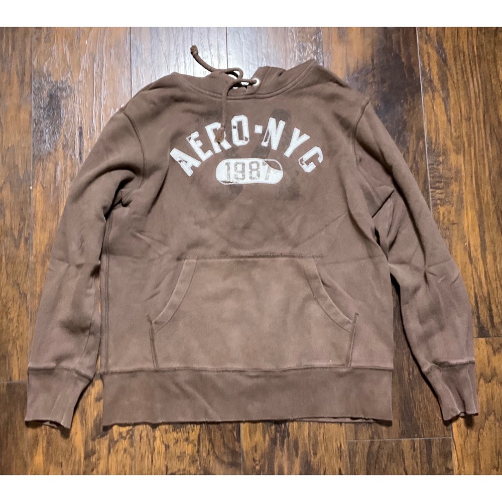 Aeropostale AERO-NYC 1987 Brown Hoodie Mens Medium Y2K Pullover Sweatshirt